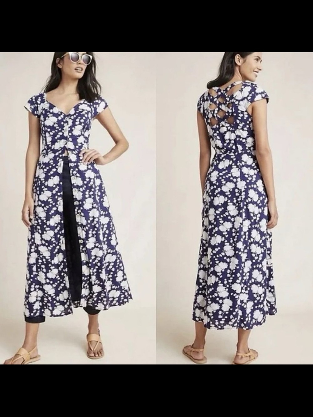 Anthropologie Maeve Floral Navy and White Maxi Dress Button Up Lattice Back 8